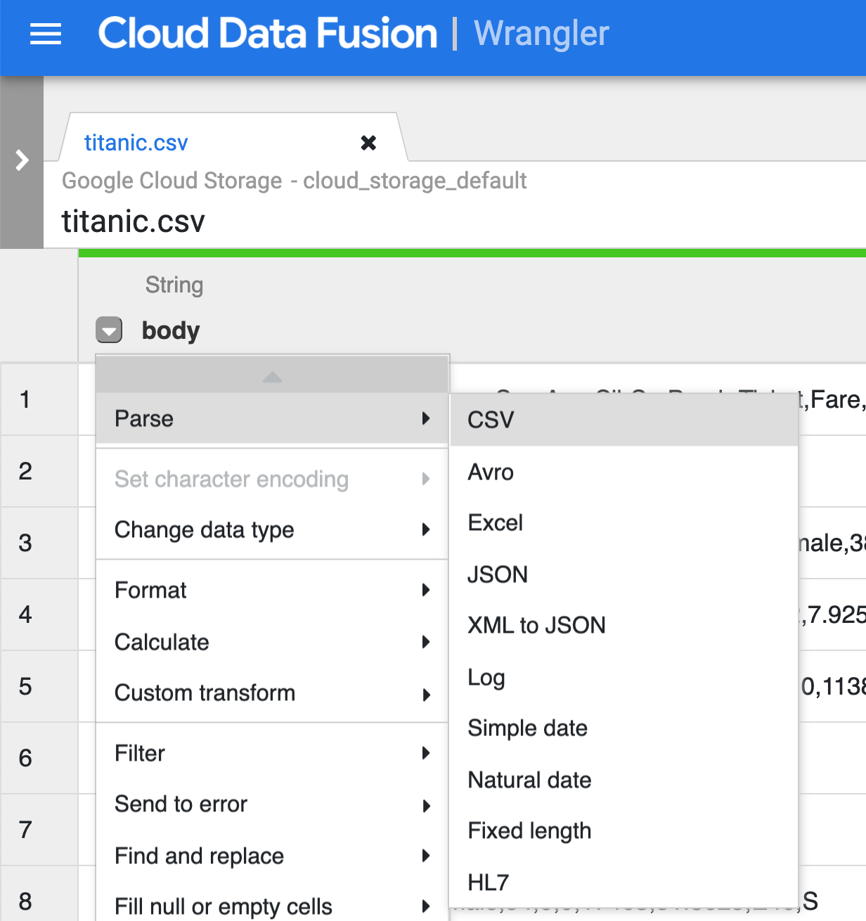 Parse > csv menu selection