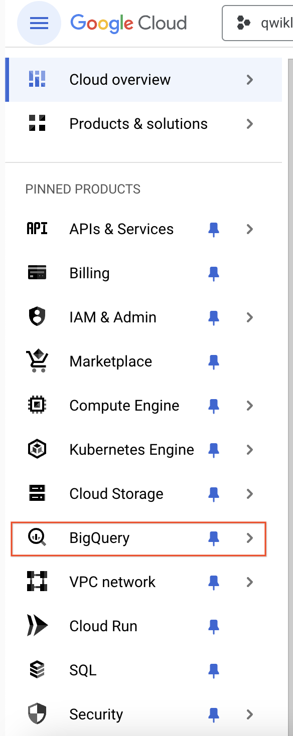 BigQuery menu option selected