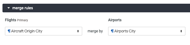Merge Rules section with Aircraft Origin City selected in the Flights field and Airports City selected in the Airports field