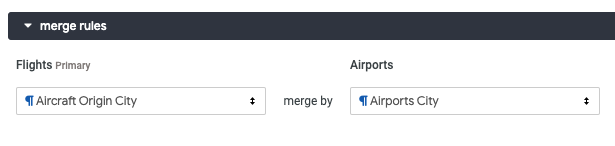 [Flights] フィールドで [Aircraft Origin City]、[Airports] フィールドで [Airports City] が選択されている [統合ルール] セクション