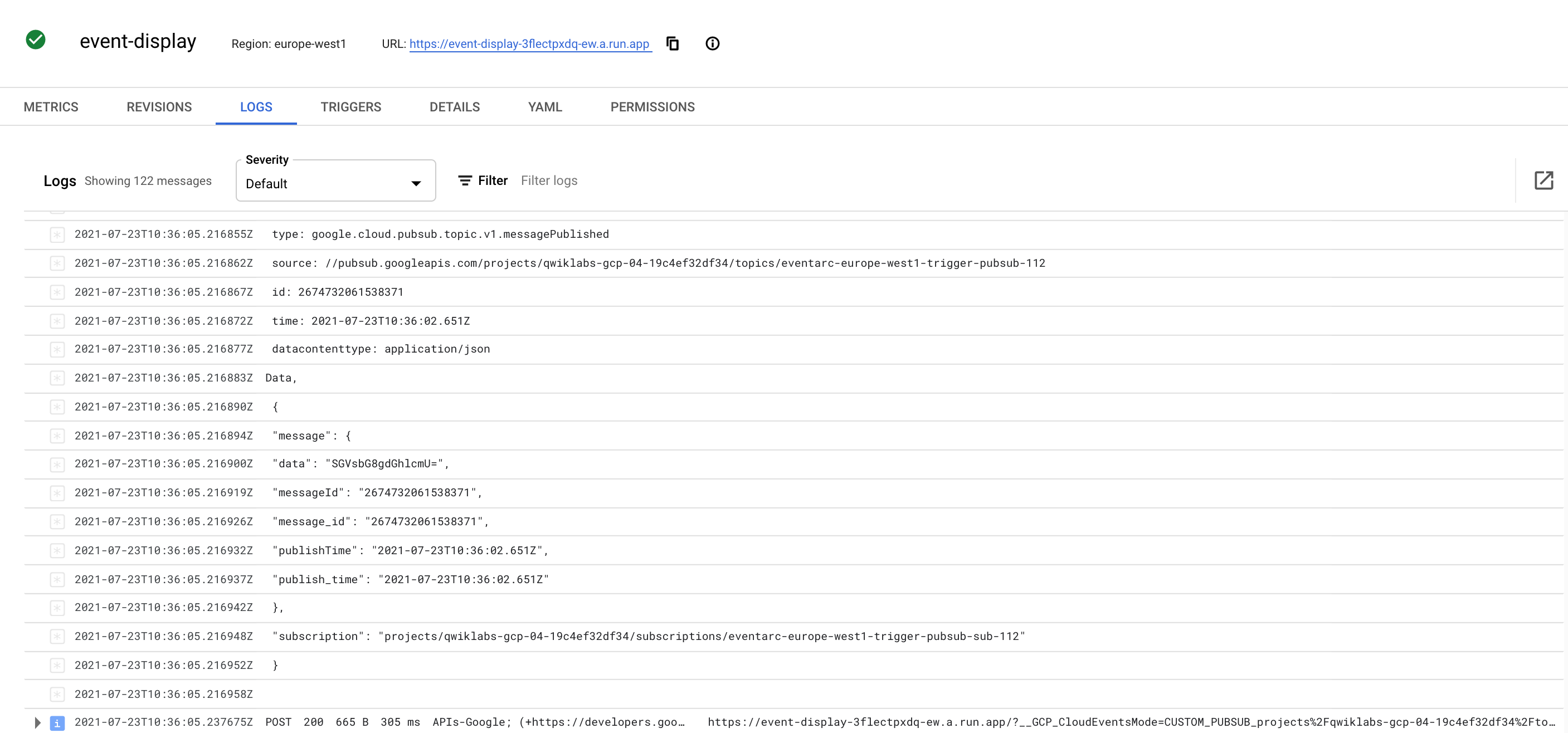 The Logs tabbed page displaying a list of logs for event-display