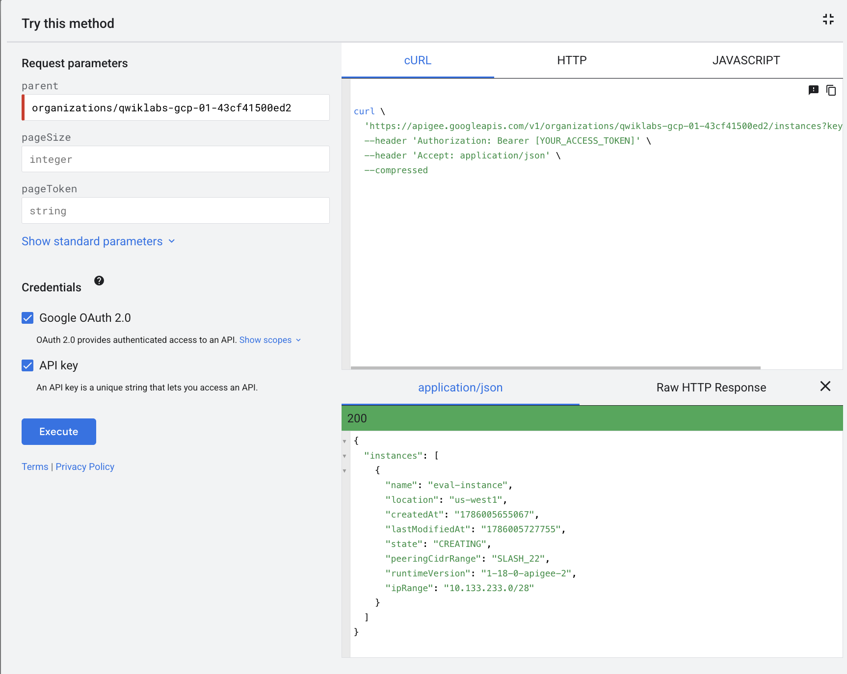 The Try this method pane displaying the HTTP request and JavaScript snippet