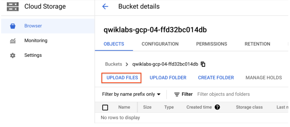 Bucket details page in Cloud Storage with UPLOAD FILES text highlighted
