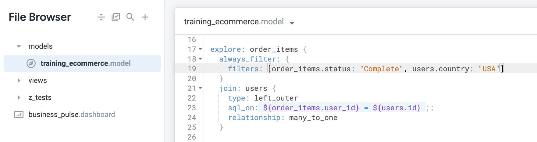 The training_ecommerce.model data, with the addition of the line: 'filters: [order_items.status:"complete", users.country: "USA"]'