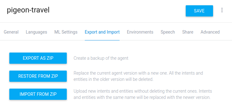 Export and Import tabbed page