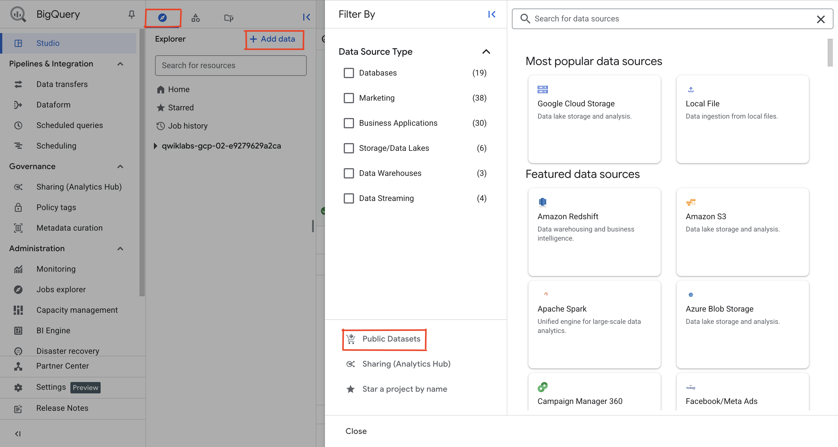 Add data menu, which includes Explore public datasets, Pin a project, and External data source.