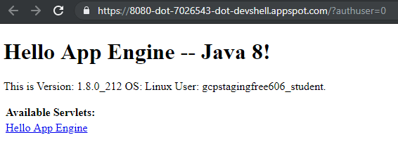 Page &quot;Hello App Engine --Java 8!&quot; affichant des informations sur la version et un lien vers les servlets disponibles