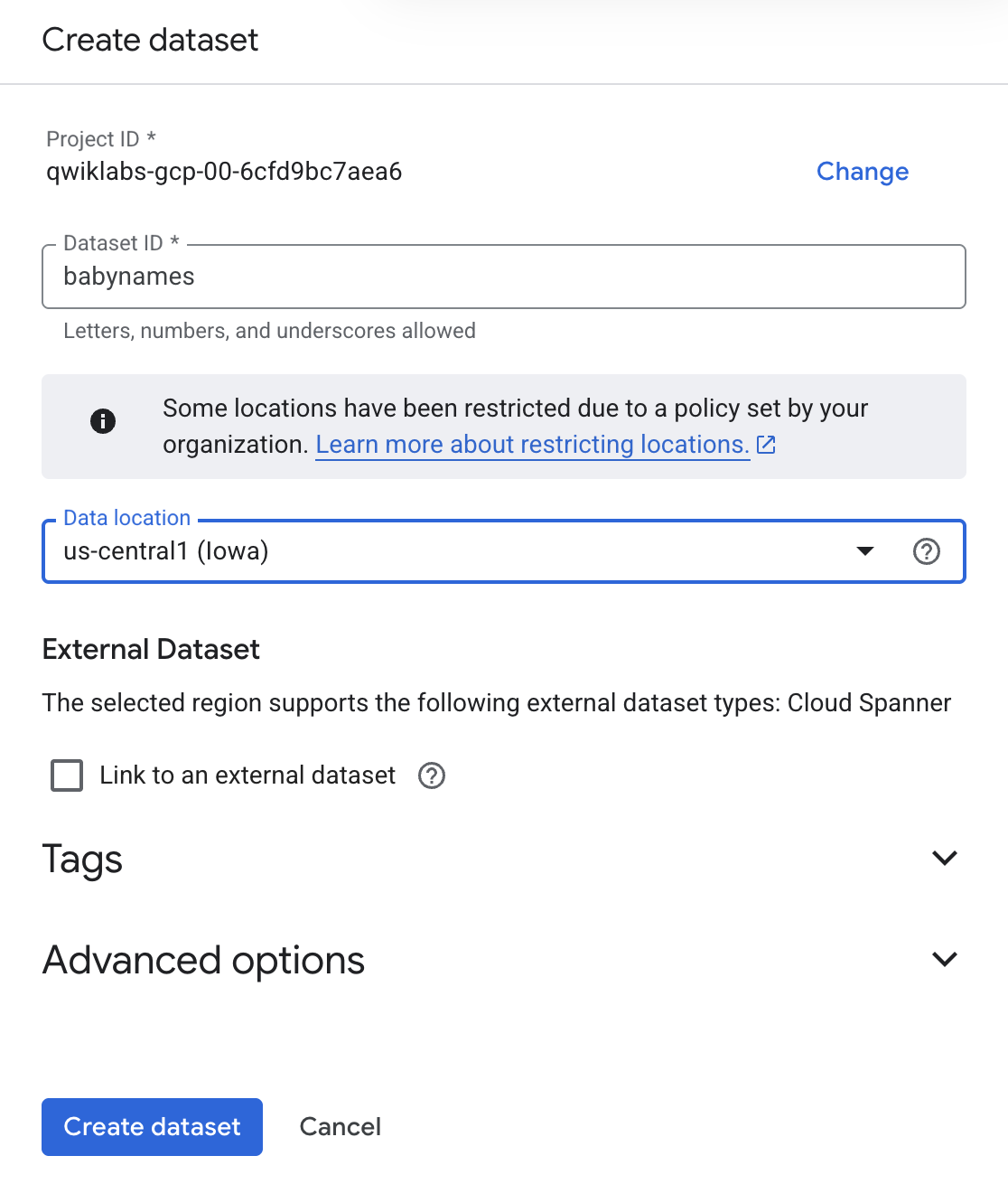create dataset page with Create dataset button highlighted
