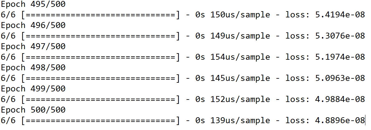 The 495th line of epoch loss is 5.4194e-08, whereas the 500th line is 4.8896e-08