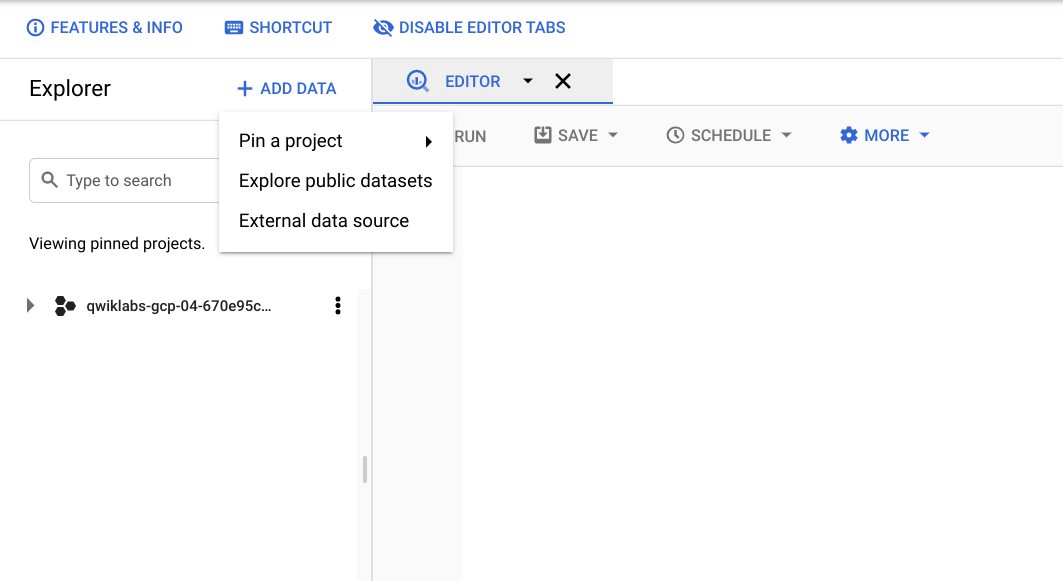 The expanded Add Data menu which includes the option 'Explore public datasets'