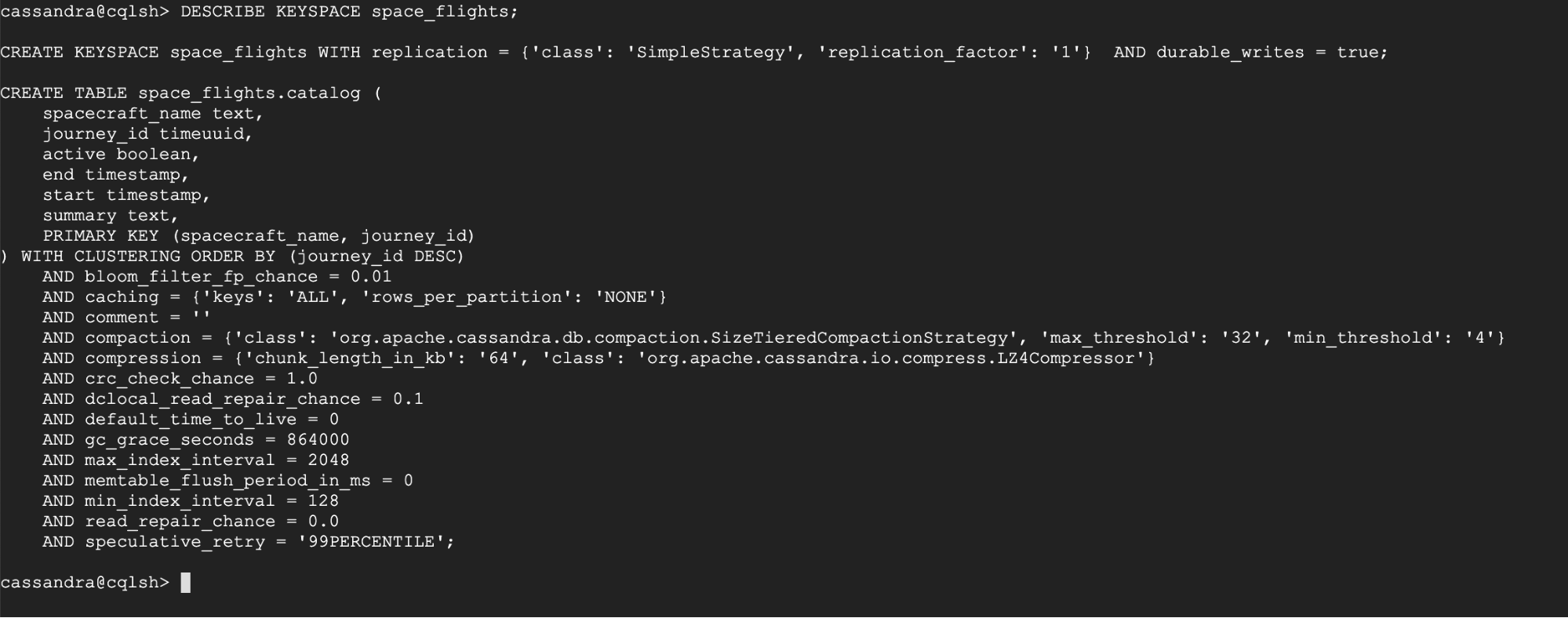 Output from the command Describe Table space_flights.catalog;