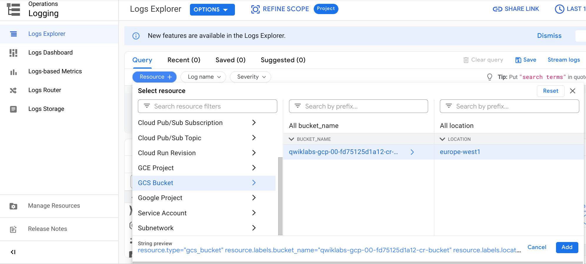 The Logs Explorer page