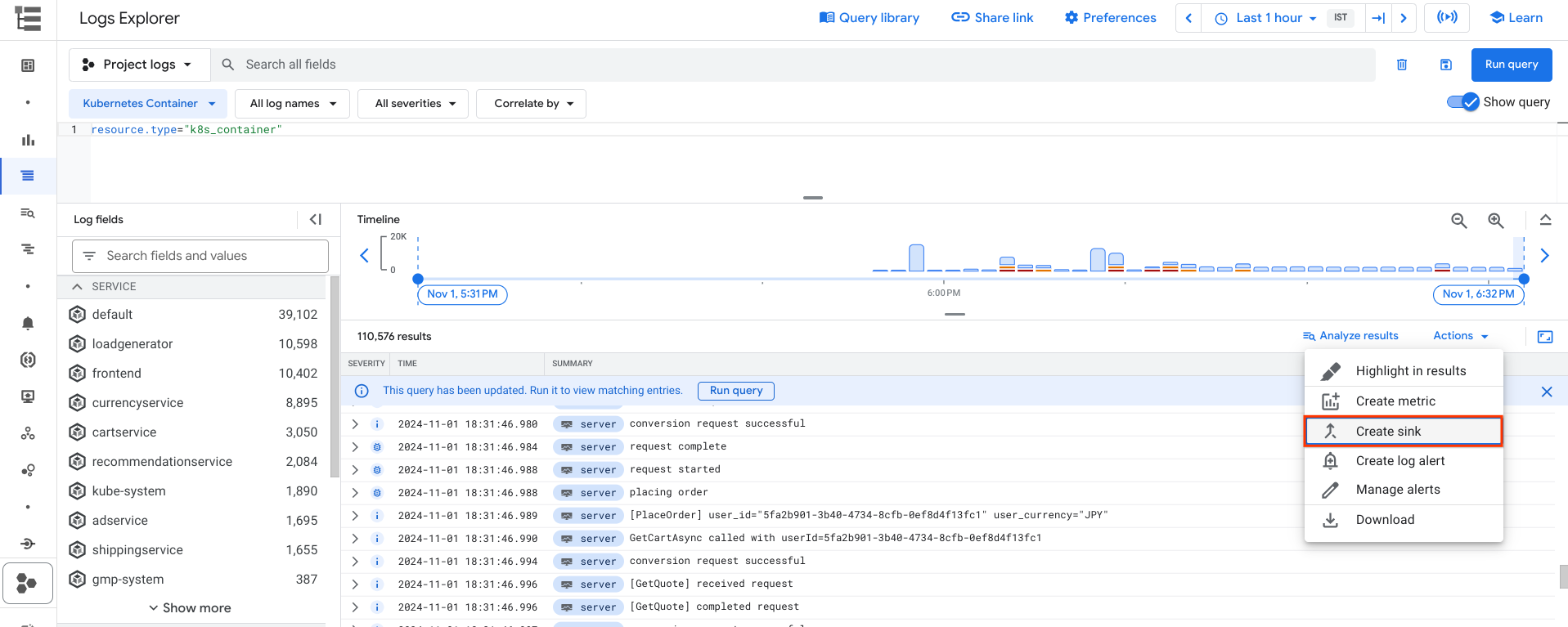 Logs Explorer page with Create sink button highlighted