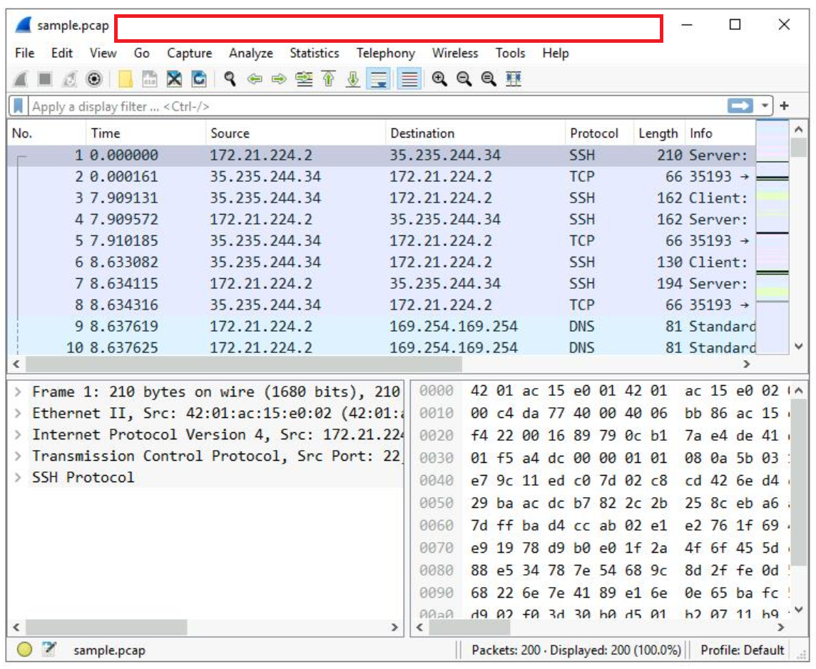 Wireshark main three pane user interface.