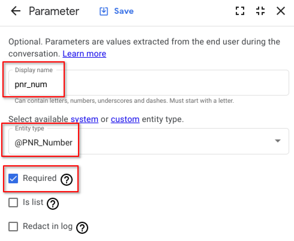 The Parameter page displaying the highlighted Display name, entity type, and required checkbox