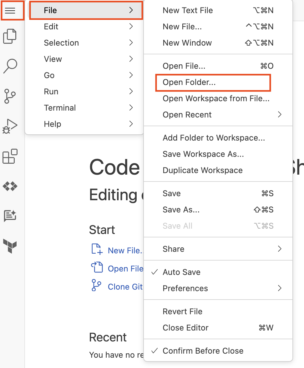 Menu dell&#39;editor di Cloud Shell