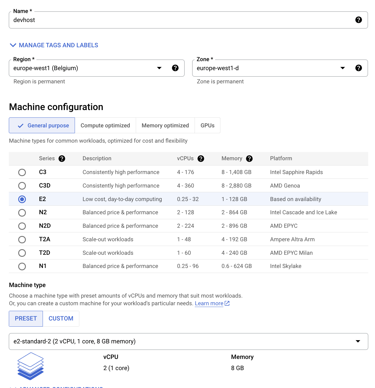 The create instance page displaying the populated fields mentioned in step 2.