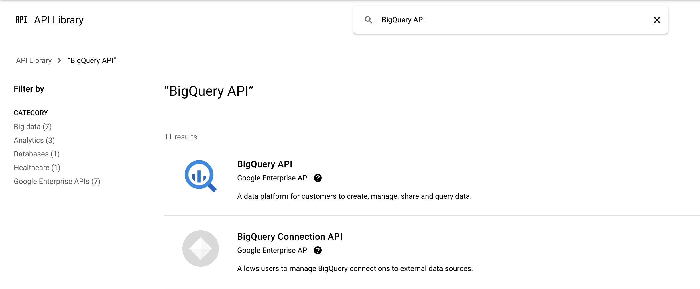 BigQuery API typed in the search box