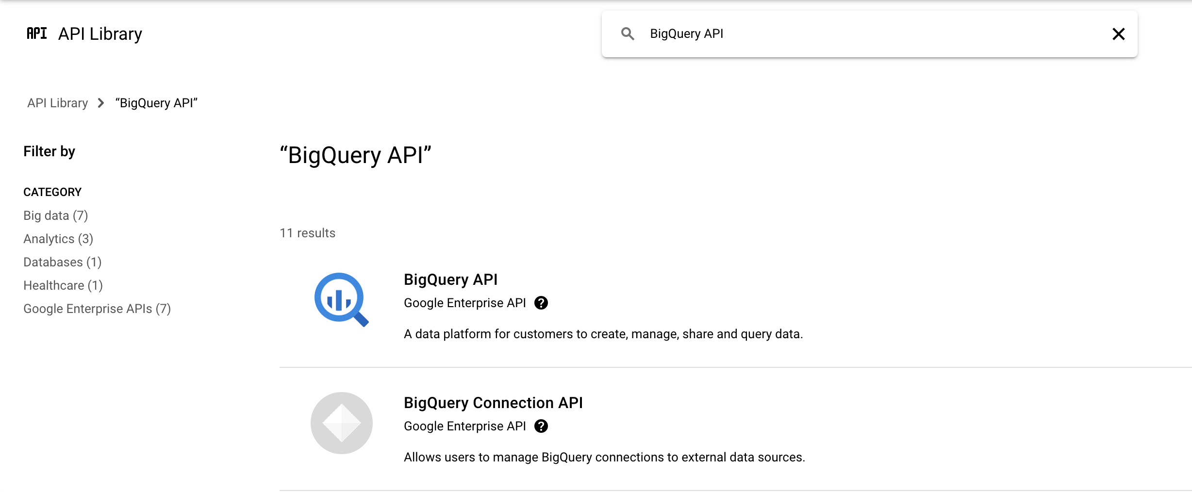 API BigQuery saisie dans le champ de recherche