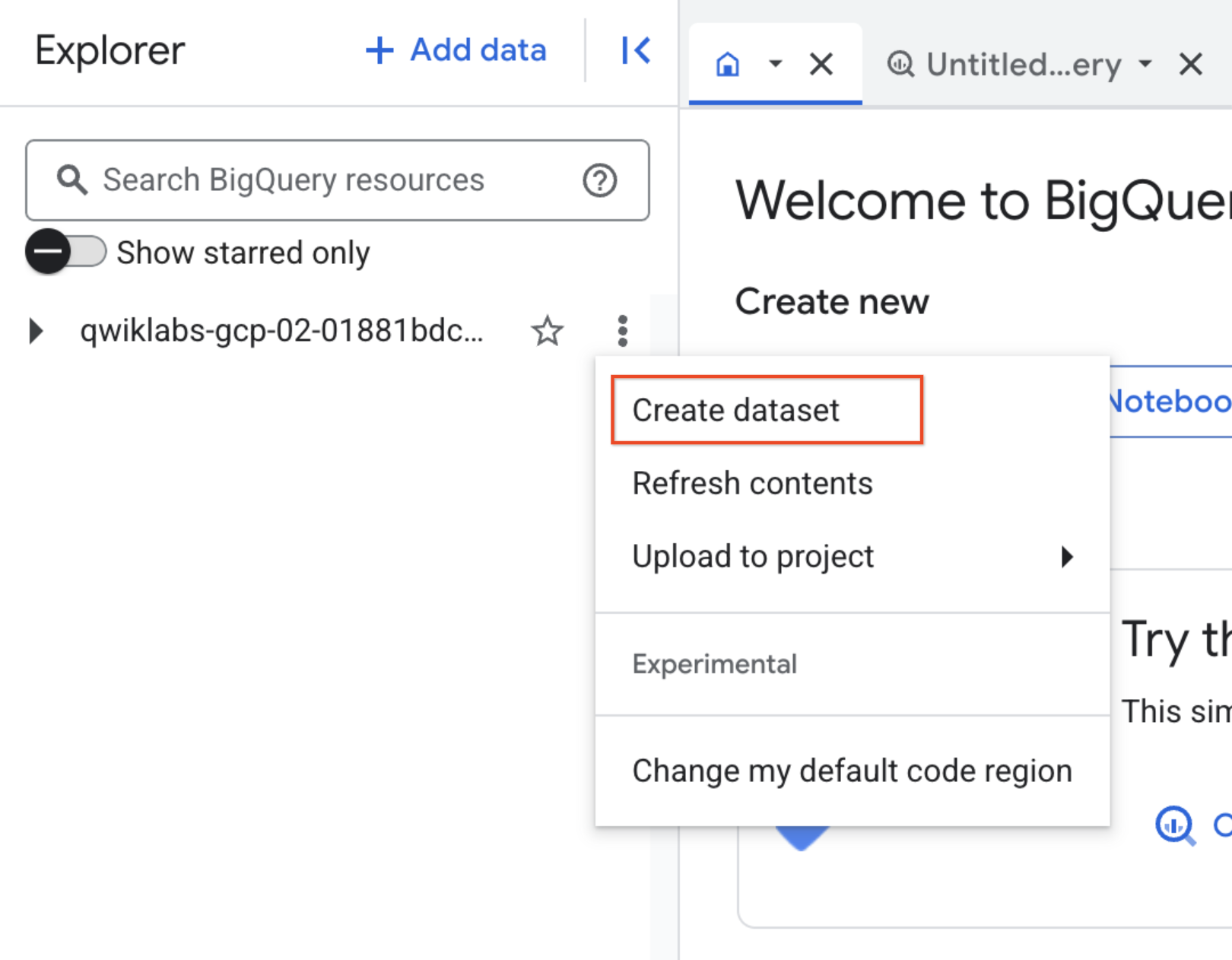 Create dataset option highlighted