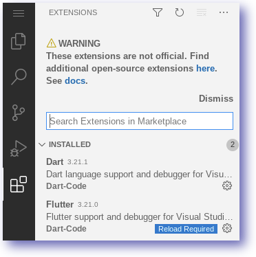 The Extensions panel, which includes a warning message and a list of installed extensions.