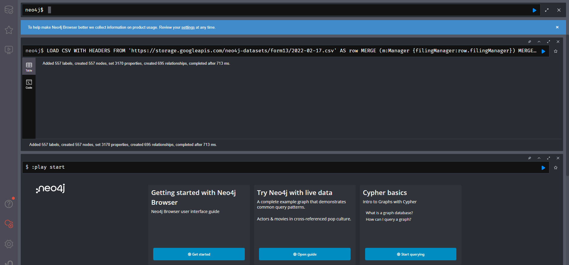 The loaded CSV displays a summary of the node, properties, and relationship data.