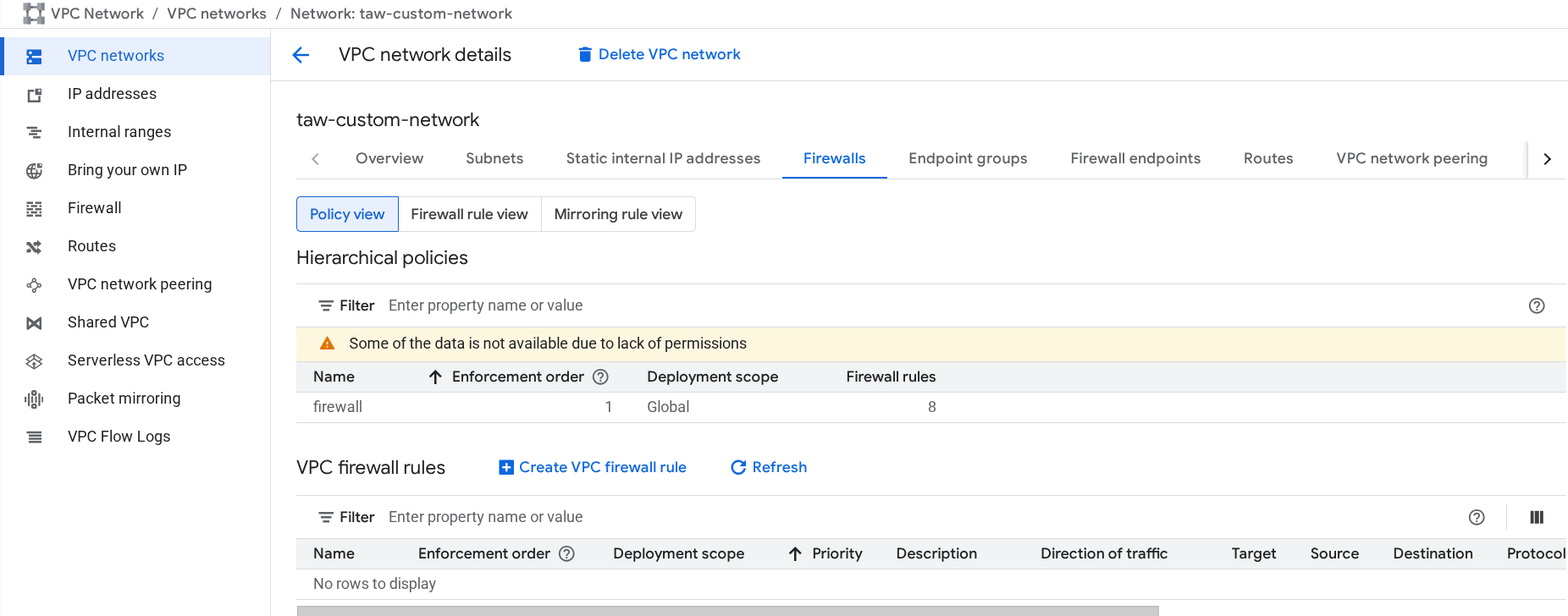 The Firewall Rules tab and the Add Firewall rule button highlighted on the VPC network details page