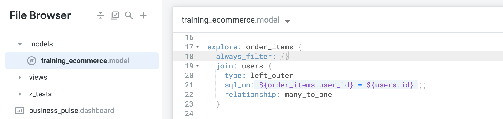 The training_ecommerce.model data, with the addition of the line: 'always_filter: {}'.