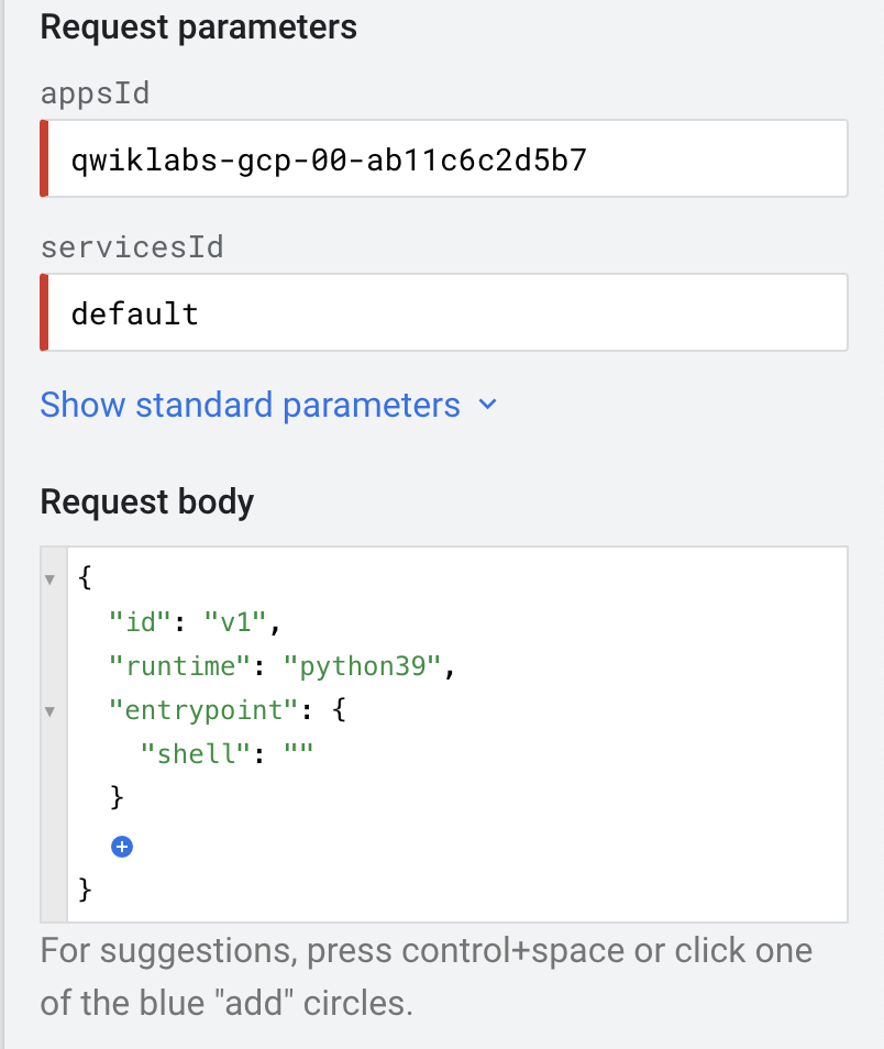 The method displayed in the Request parameters section