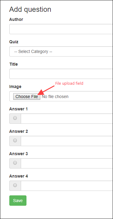 Add question form with the Choose file button within the image field highlighted