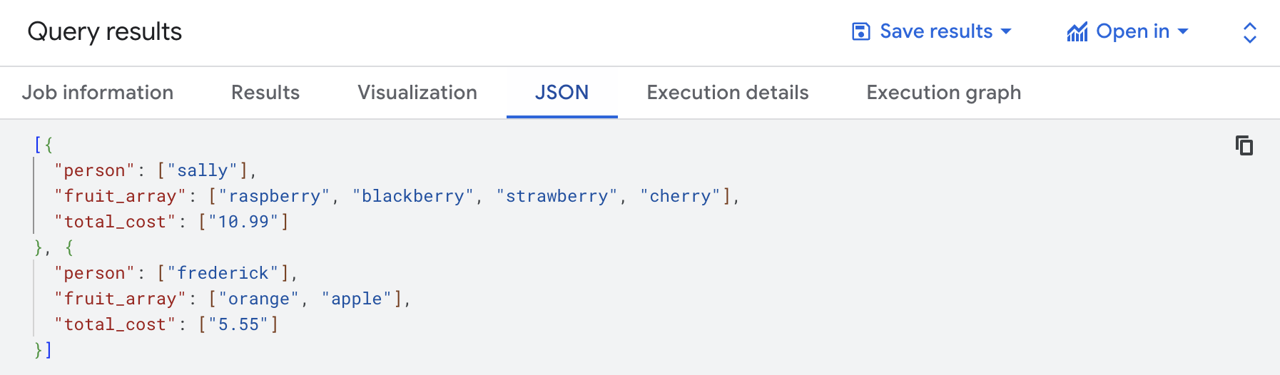 results on the JSON tabbed page