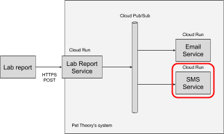 SMS Service highlighted in the architecture diagram