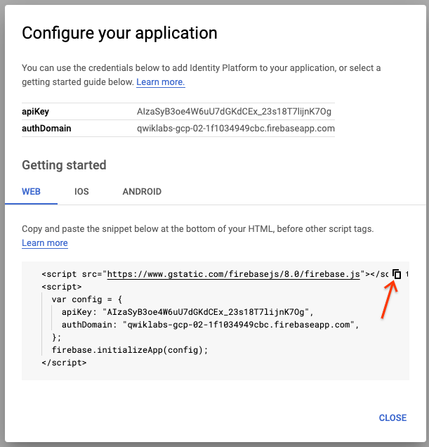 Configure your application dialog box displaying the identity platform markup and highlighted copy button