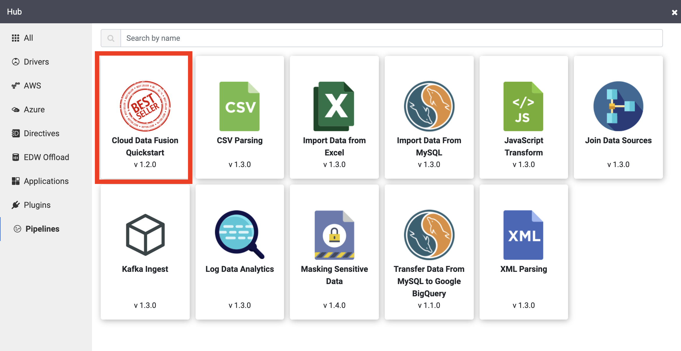 Highlighted Cloud Data Fusion Quickstart tile on the Pipelines page