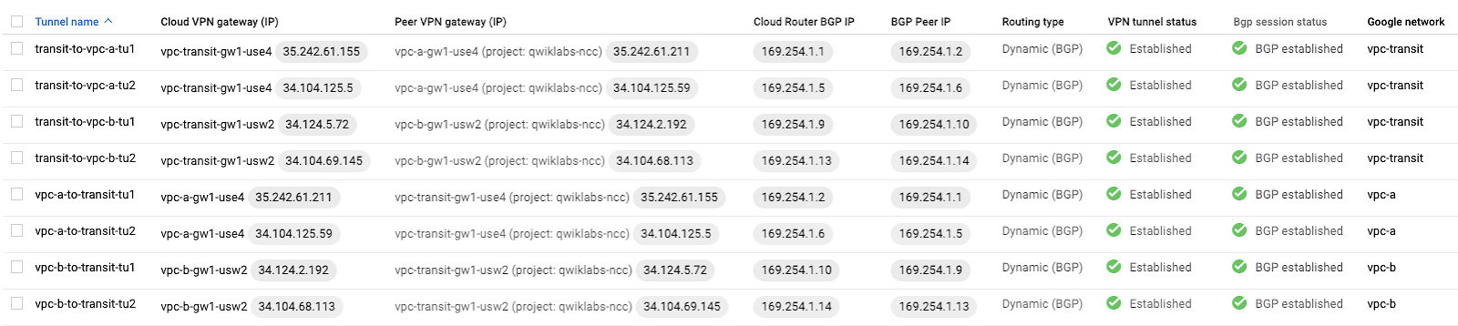 VPN page with all VPN tunnel statuses displaying Established and Bgp session statuses displaying BGP established