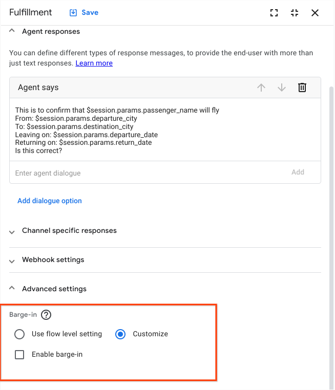 Fulfillment page and Advanced speech settings highlighted