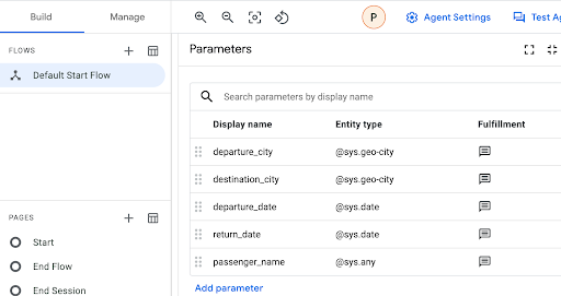 Parameters page displaying the list of added parameters