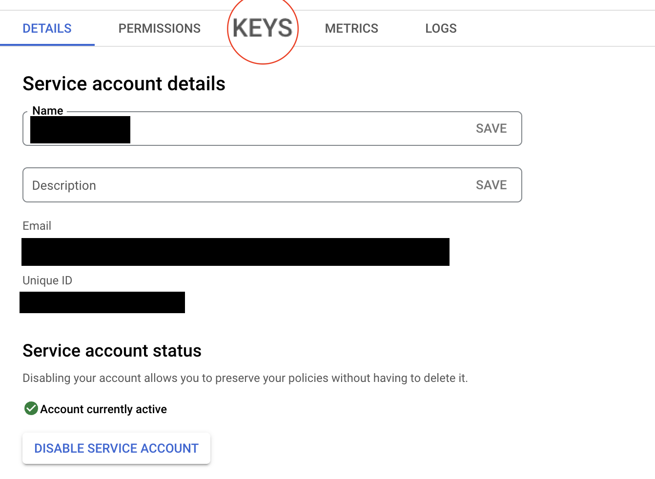 service account keys tab