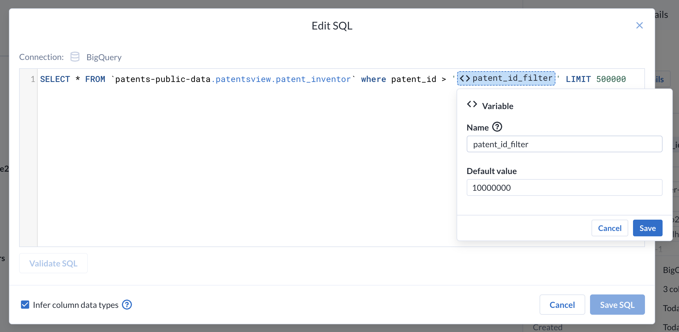 Expanded <> patent_id_filter variable dropdown menu with patent_id_filter entered in the Name field and the default value set to 10000000