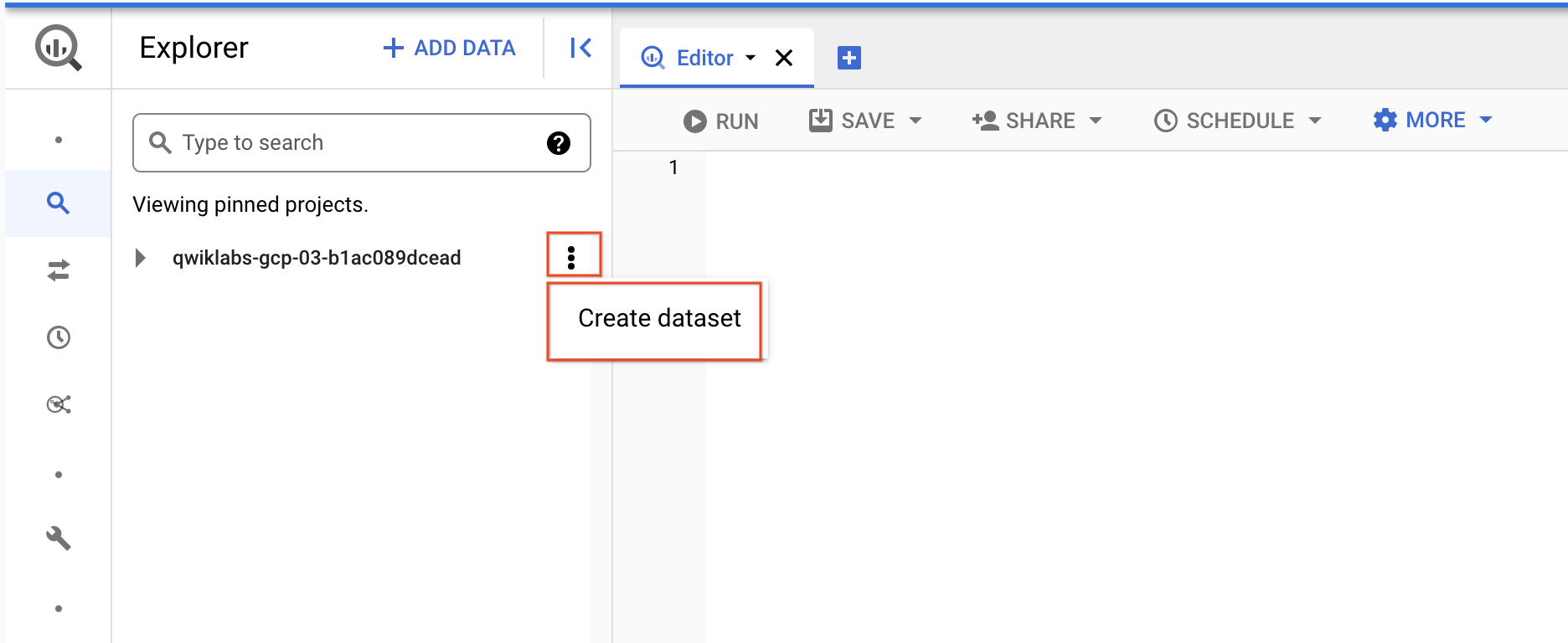 BigQuery Console, View actions icon highlighted and Create dataset option highlighted