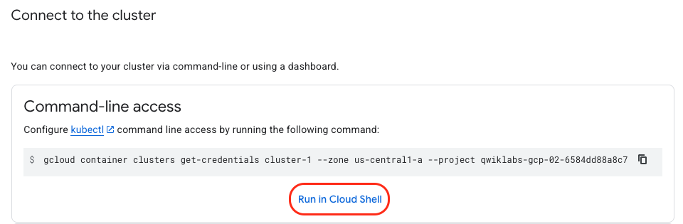 The Run in CLoud Shell button highlighted on the Command-line access page