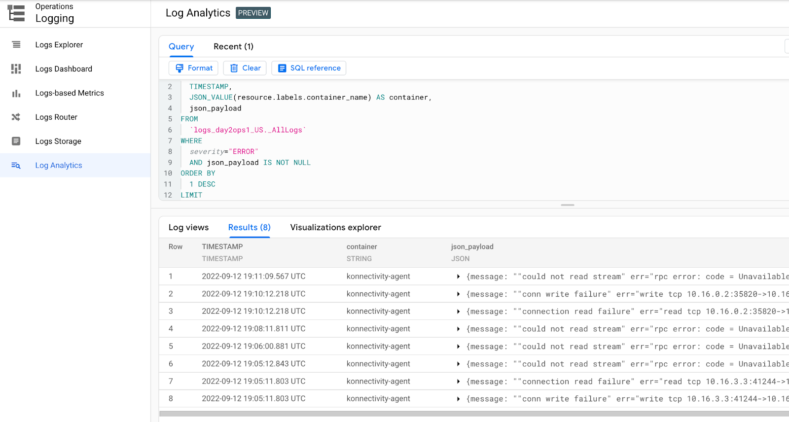 query results to find recent errors