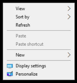 Screenshot of Windows right-click menu, including "View", "Sort by", "Refresh", "New", "Display settings", and "Personalize"