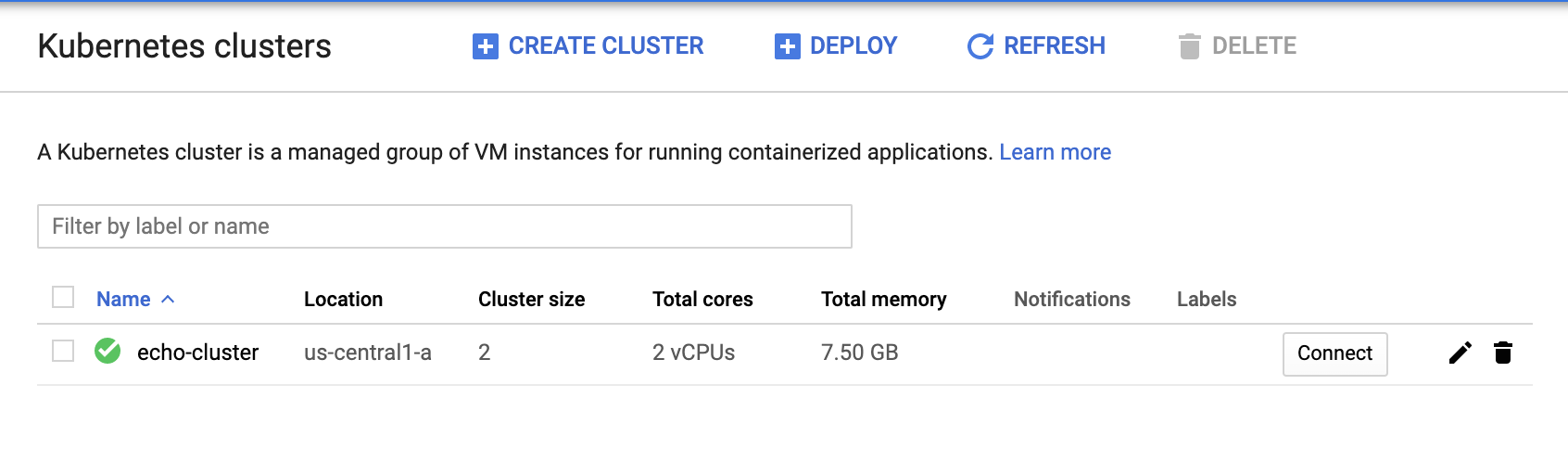 echo-cluster con marca de verificación verde en la página de clústeres de Kubernetes