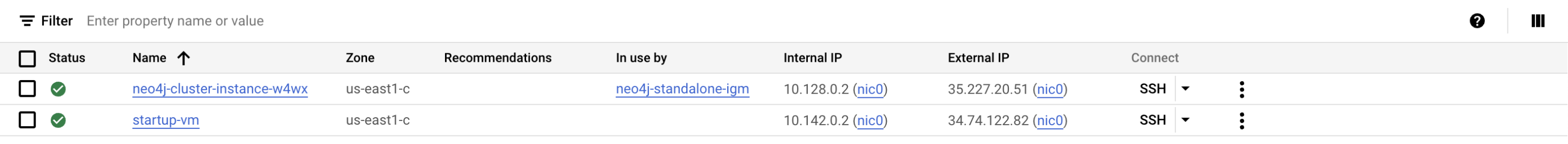 The VM instances page, which lists two instances and their specifications.