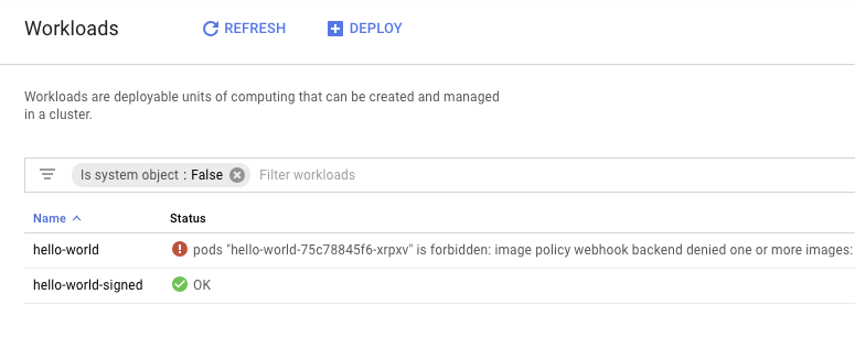Kubernetes Engine workloads navigation menu.