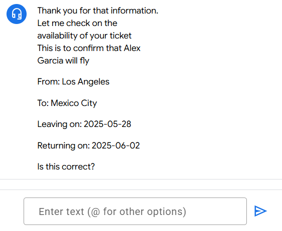 Conversational agent displaying the collected session parameters