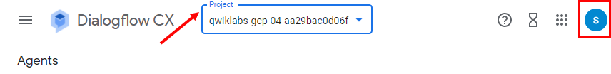 Dialogflow CX title bar highlighting the project box and the user avatar