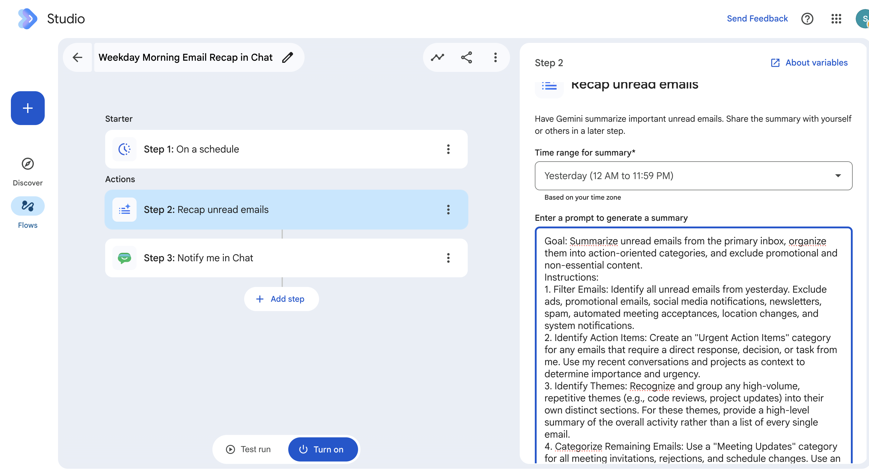 Step 2: Recap unread emails edit box with arrow pointing to Gemini-generated prompt