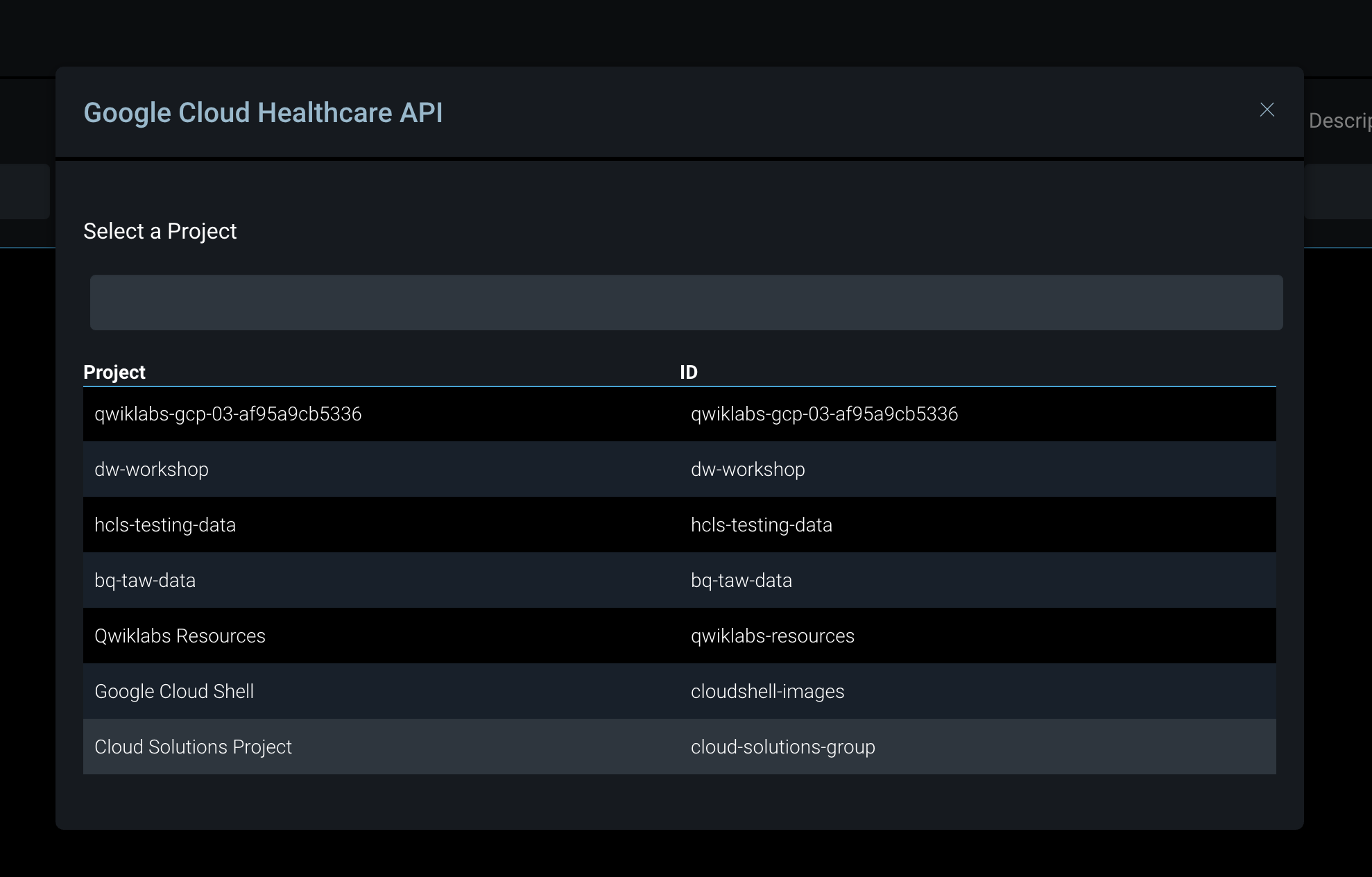 The Google Cloud Healthcare API window displaying the list of Projects and their IDs